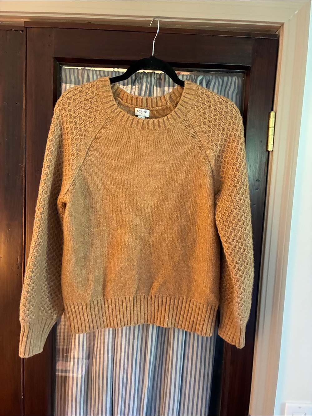 J. Crew Camel Textured-Sleeve Crewneck Sweater
